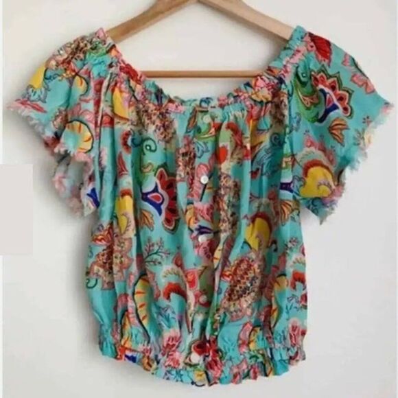 NWT TAJ By Sabrina Crippa Lita Top Turquoise Happy Flower Small Resort Wear - Picture 1 of 5